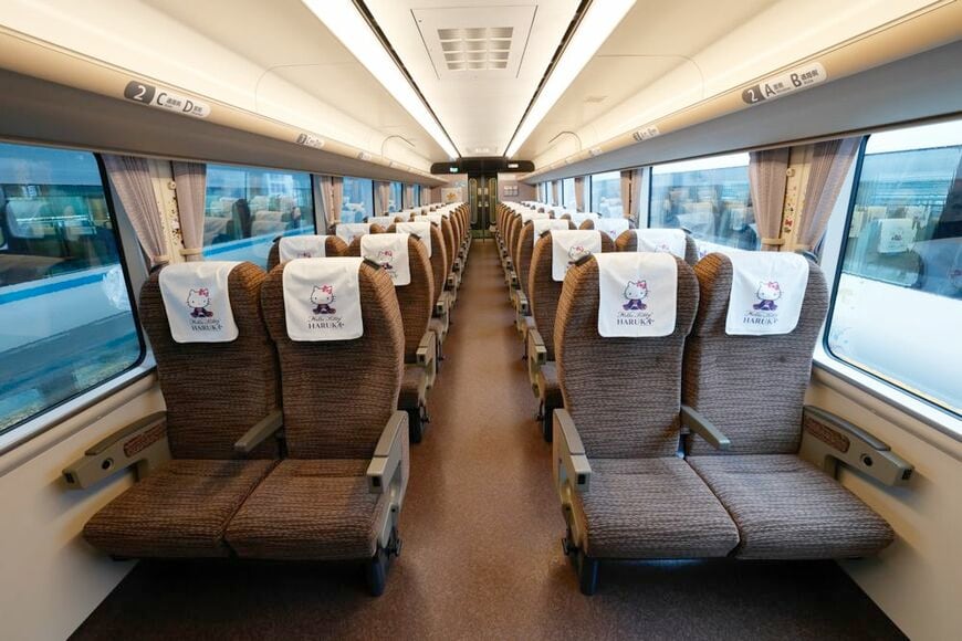 271系の車内。至る所に「ハローキティ」がいる（写真：村上悠太）