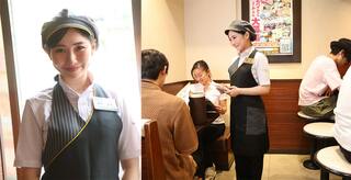 「スター」に認定された人だけがこの制服を着ることができる（左）、接客中の諸沢さん（右）