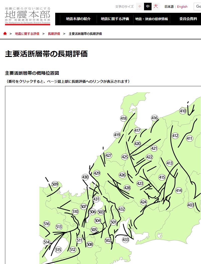政府の地震調査研究推進本部が示した長期評価対象の主要活断層。能登半島北部は空白になっている（出所：地震調査研究推進本部「主要活断層帯の概略位置図」）