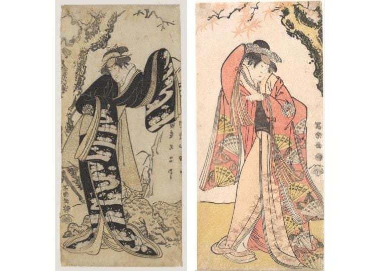 （左）中山富三郎の牛飼お筆『Nakayama Tomisaburō as the cowheard Ofude in Shinobu koi suzume iro toki』（画像：ポートランド美術館）、（右）二世榊山三五郎の関白道長の息女おたへ姫『Actor Sakakiyama Sangoro II as Michinaga's Daughter Princess Otae』（画像：メトロポリタン美術館）