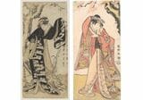 （左）中山富三郎の牛飼お筆『Nakayama Tomisaburō as the cowheard Ofude in Shinobu koi suzume iro toki』（画像：ポートランド美術館）、（右）二世榊山三五郎の関白道長の息女おたへ姫『Actor Sakakiyama Sangoro II as Michinaga's Daughter Princess Otae』（画像：メトロポリタン美術館）