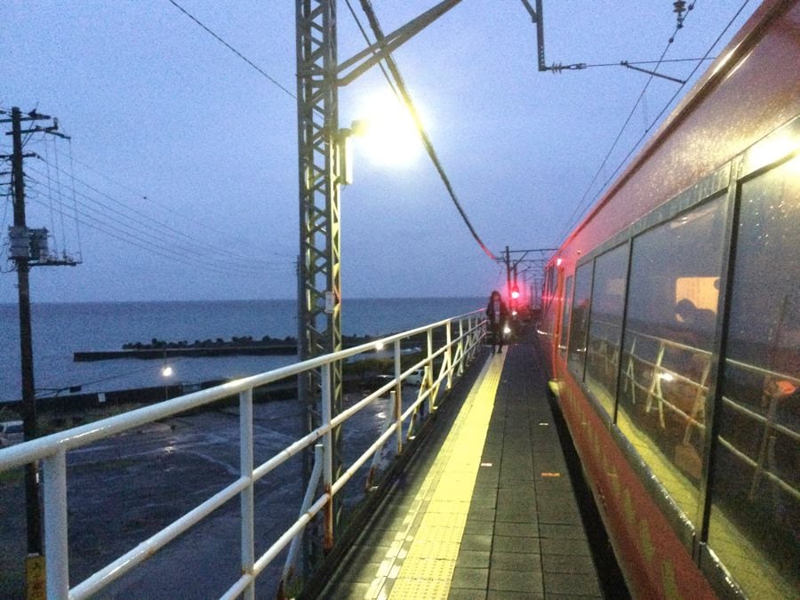 伊豆急・片瀬白田駅停車中の「伊豆急夜行」（写真:日本旅行）