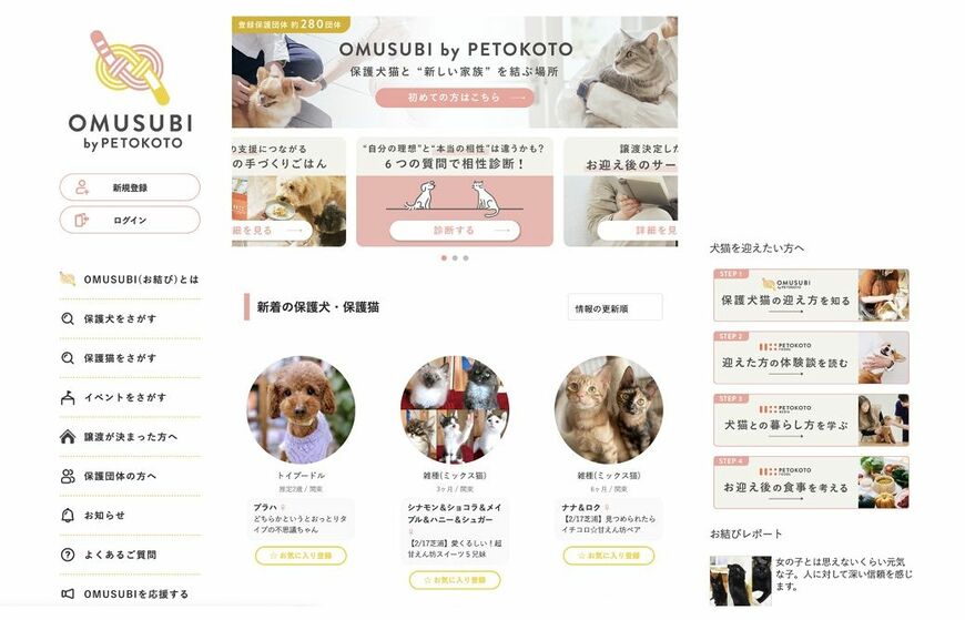 約380の保護犬猫団体が登録する、保護犬猫と里親のマッチングサイトOMUSUBI（画像：PETOKOTO）