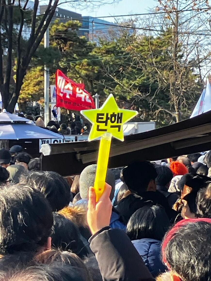画像を拡大「弾劾」と書かれたペンライトを手にした市民（写真・同）