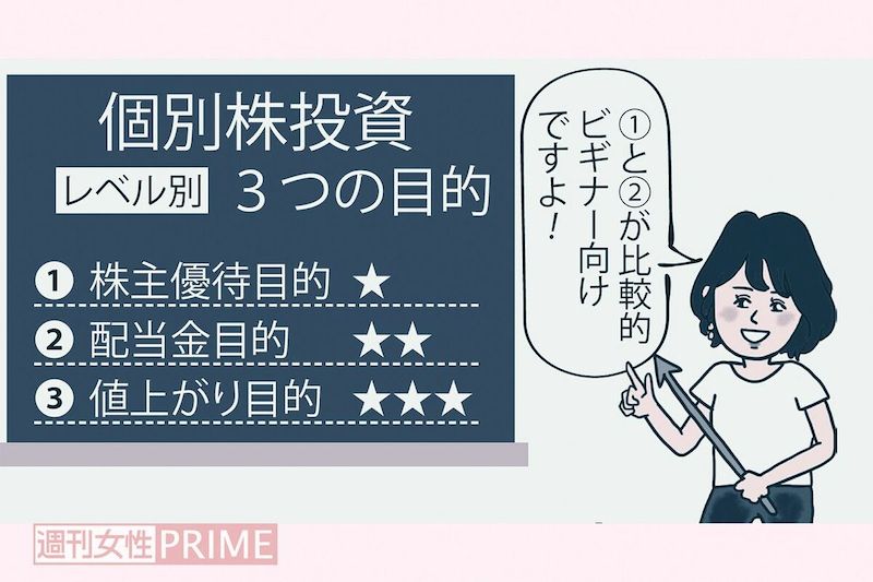 個別株投資レベル別3つの目的（イラスト：：週刊女性PRIME編集部）