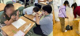 左／低学年の算数のクラス  右／掃除など、学校の生活習慣も伝えている（写真：菊池氏提供）
