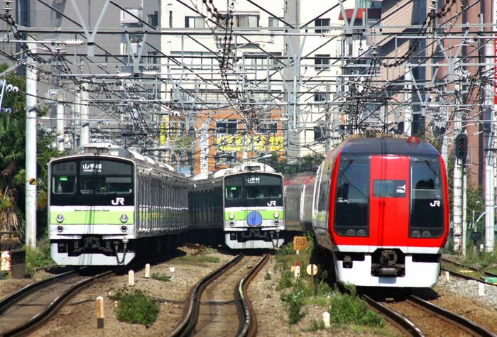 成田エクスプレス（右）と並ぶ山手線の205系電車