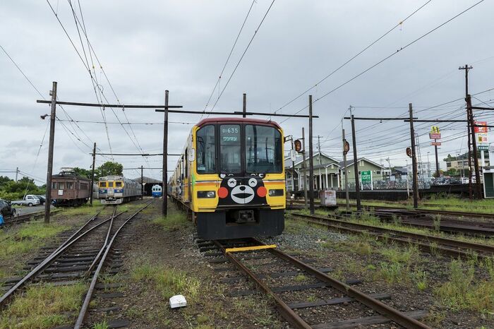 ラッピング電車の前面には「くまモン」を大きくデザイン