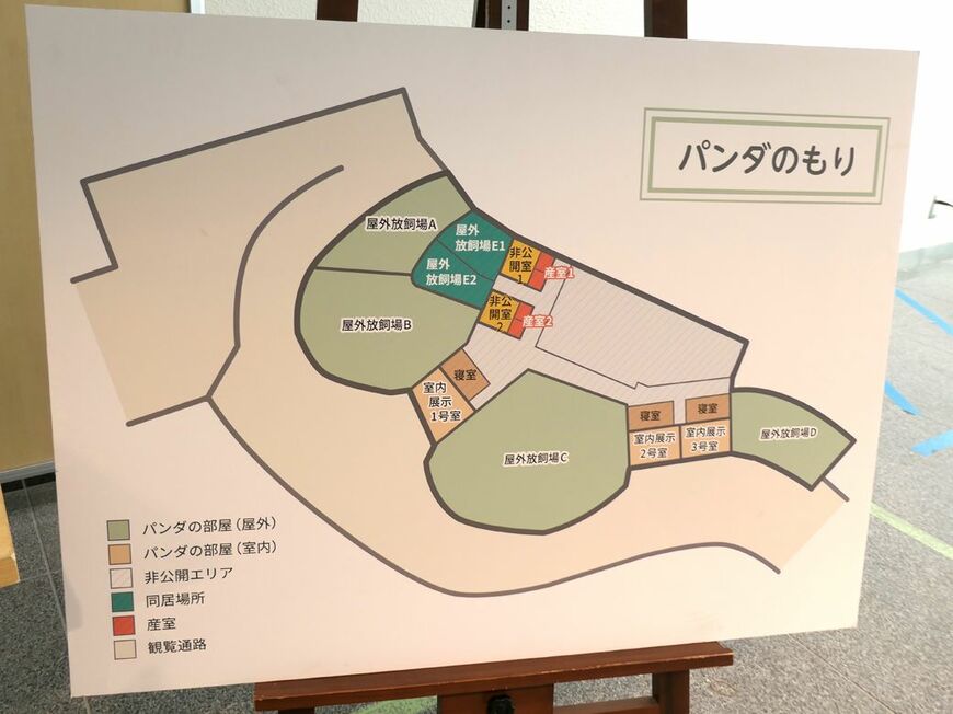 西園パンダ舎。現在は、双子が「屋外放飼場D」「室内展示3号室」、リーリーが「室内展示2号室」「屋外放飼場C」、シンシンが「室内展示1号室」「屋外放飼場B」を使用。双子の観覧エリアは3カ所に分かれ、1カ所の観覧時間は約1分（筆者撮影）