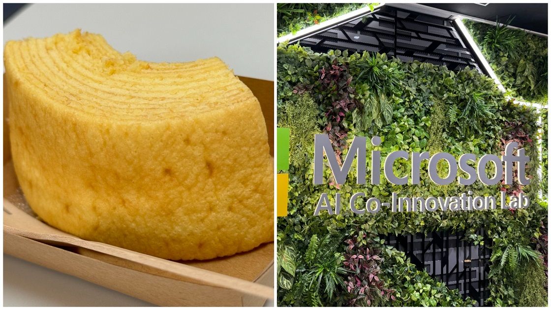 AIを活用した専用オーブンで焼き上げたユーハイムのバウムクーヘン(左)。マイクロソフトのAIラボが、オーブンの機能進化などの面で支援している(筆者撮影)