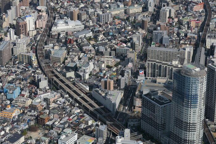 スカイツリーから見た曳舟駅周辺