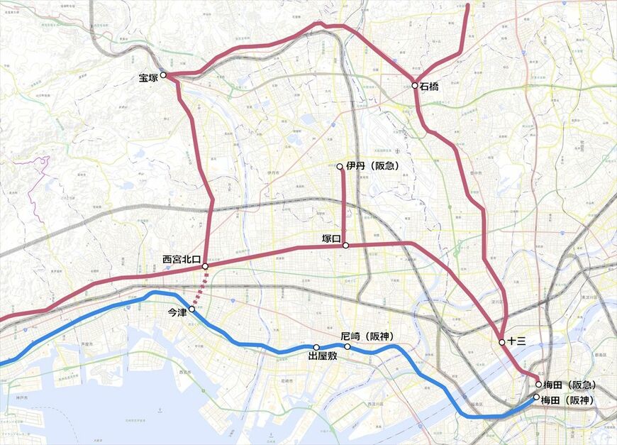 1920年9月時点：阪急電鉄が大阪（梅田）―神戸間を結ぶ鉄道を開業して阪神電鉄との競争が始まった。現在の今津線は西宮北口―今津間（マルーン点線）が未開業（国土地理院地図を筆者加工）