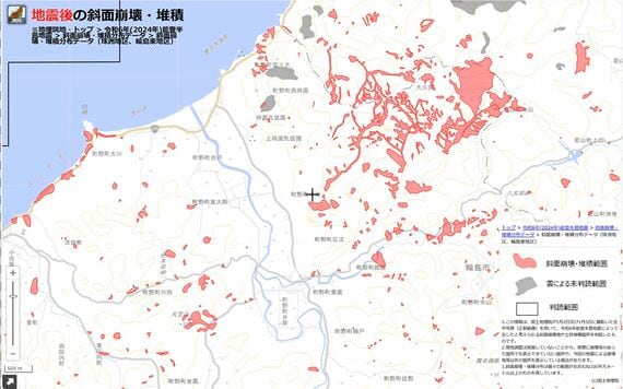 輪島市町野町付近の地震後、豪雨後、地震後＋豪雨後の斜面崩壊・堆積範囲