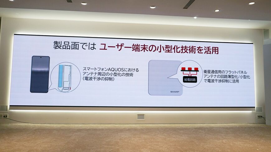 スマートフォンAQUOSのアンテナ小型化技術（左）を衛星通信端末のフラットパネルアンテナ（右）に応用している（写真：筆者撮影）
