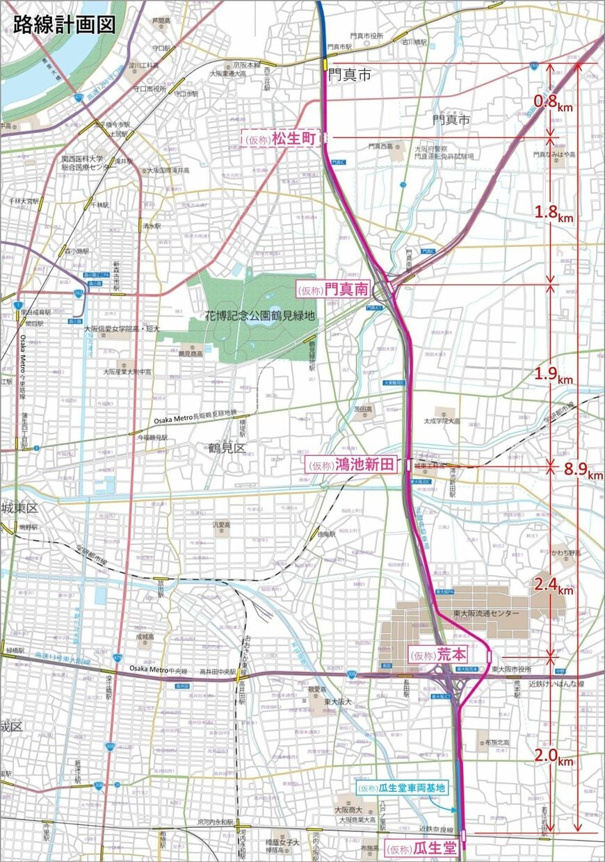 延伸区間の路線計画図。近畿自動車道にほぼ沿う形で南下する（提供：大阪モノレール株式会社）