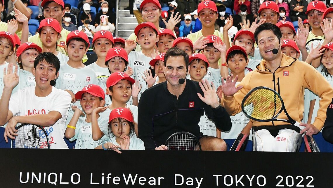 錦織圭選手（写真左）、ロジャー・フェデラー選手（写真中央）と共にイベントに参加する国枝慎吾選手（写真右、Photo by Jun Sato/WireImage）