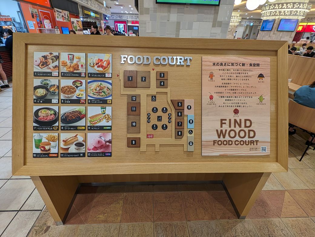 「ザ・フードコート」なラインアップのFIND WOOD FOOD COURT（筆者撮影）