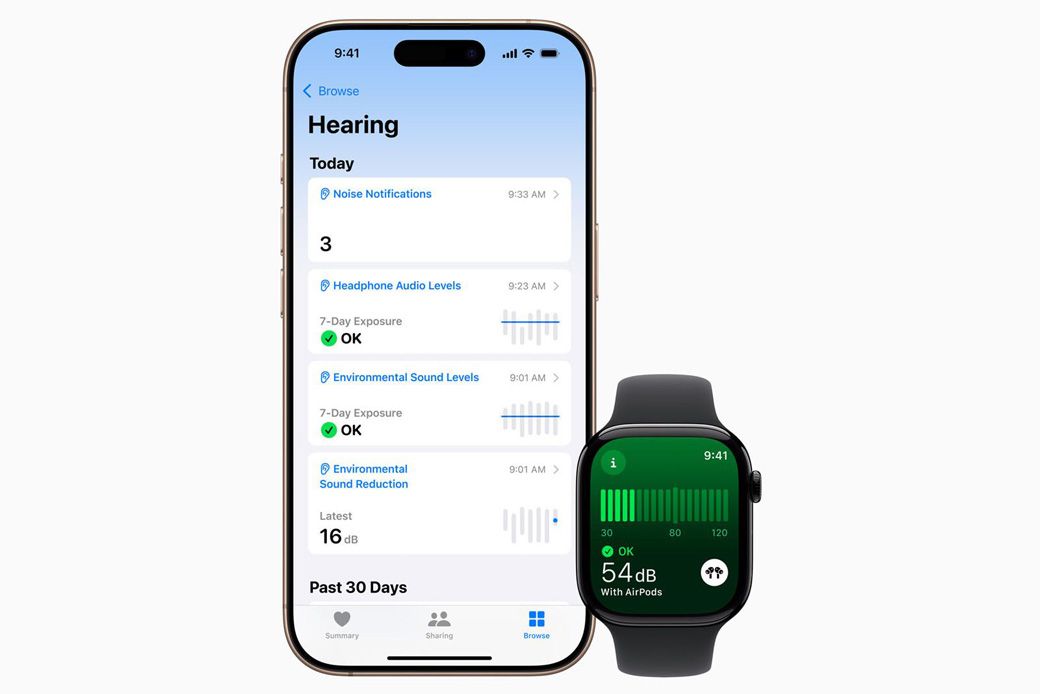 iOSのヘルスケアアプリで、長期的な聴力の健康推移を確認（写真：アップル）