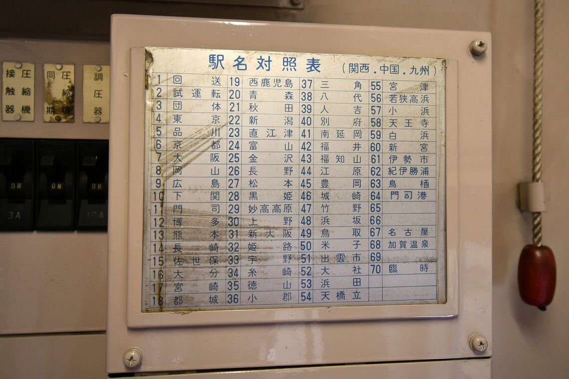 行先表示幕に収録された駅名の一覧。いかに12系が全国を飛び回っていたかがわかる（撮影：伊原薫）