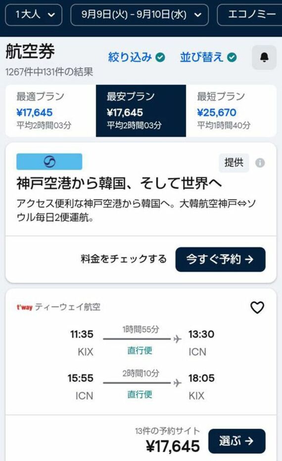 航空券チケットの予約画面