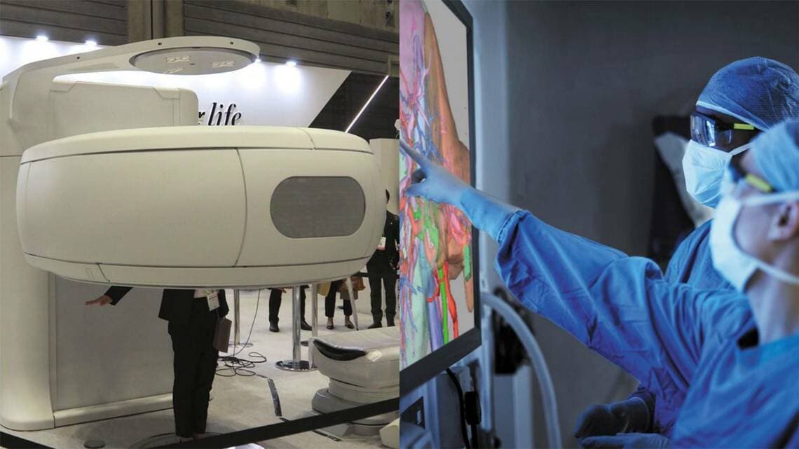 キヤノンの立ったままや座ったままで撮影できる新型CT(写真左)と富士フイルムが得意とする画像解析システムのイメージ(記者撮影、提供:富士フイルム)