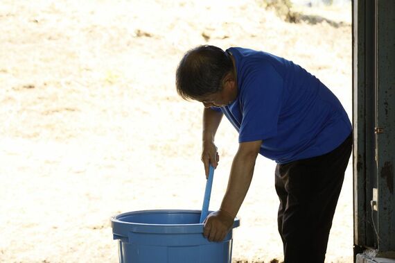 米ぬかを入れたバケツで抽出液を作り続ける和夫さん