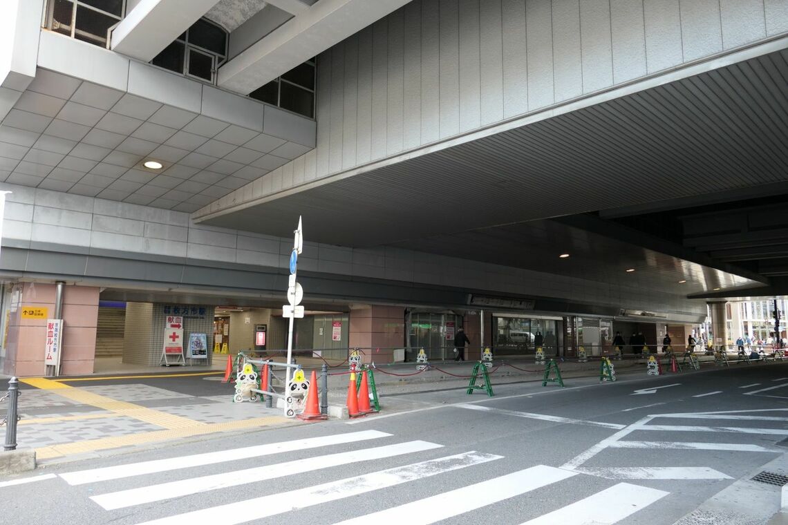 北口（手前側）と南口をつなぐ道路（記者撮影）