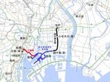黒い線が越中島支線。1956年時点の国鉄の計画では、越中島支線と東京都港湾局専用線を延伸する形で月島線を整備し、常磐線―総武線―東海道線のバイパスルートを構成するはずだった（国土地理院地図を筆者加工）