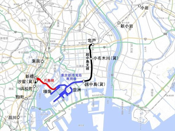 国鉄月島線計画と越中島支線 図