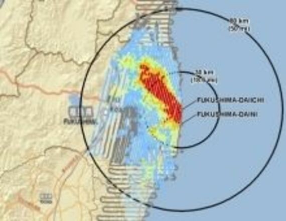 米エネルギー省が福島第一原発事故で受ける年間の放射線量の推定を発表、北西方向に年間20ミリシーベルト超の地域