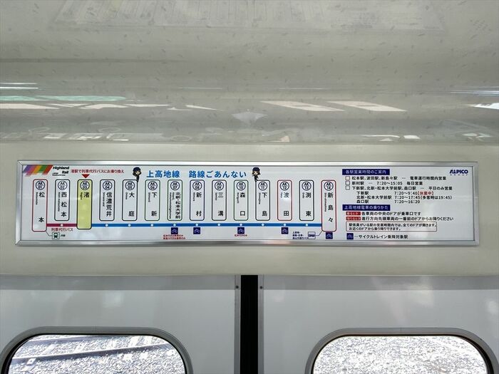 渚―松本間バス代行を示すドア上の路線図