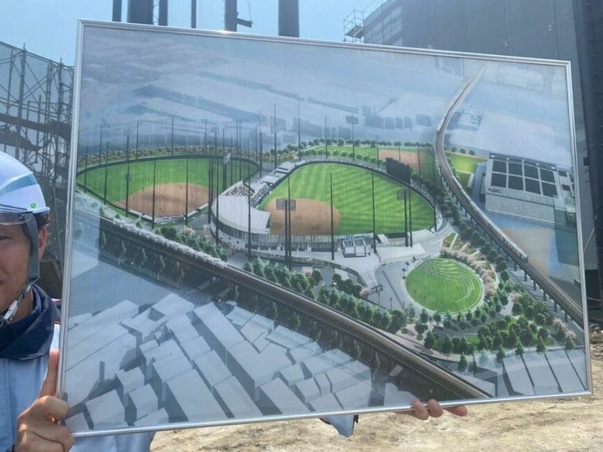 ボールパークの全体像。メインスタジアム、市民球場に加え、市民が交流する公園や周遊コースも整備される（記者撮影）