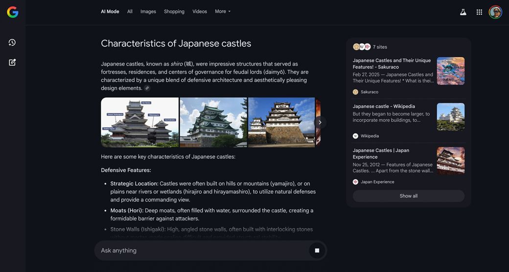 AI Modeをアメリカで使ってみた。英語でかなり詳細な検索結果が生成される（筆者撮影）