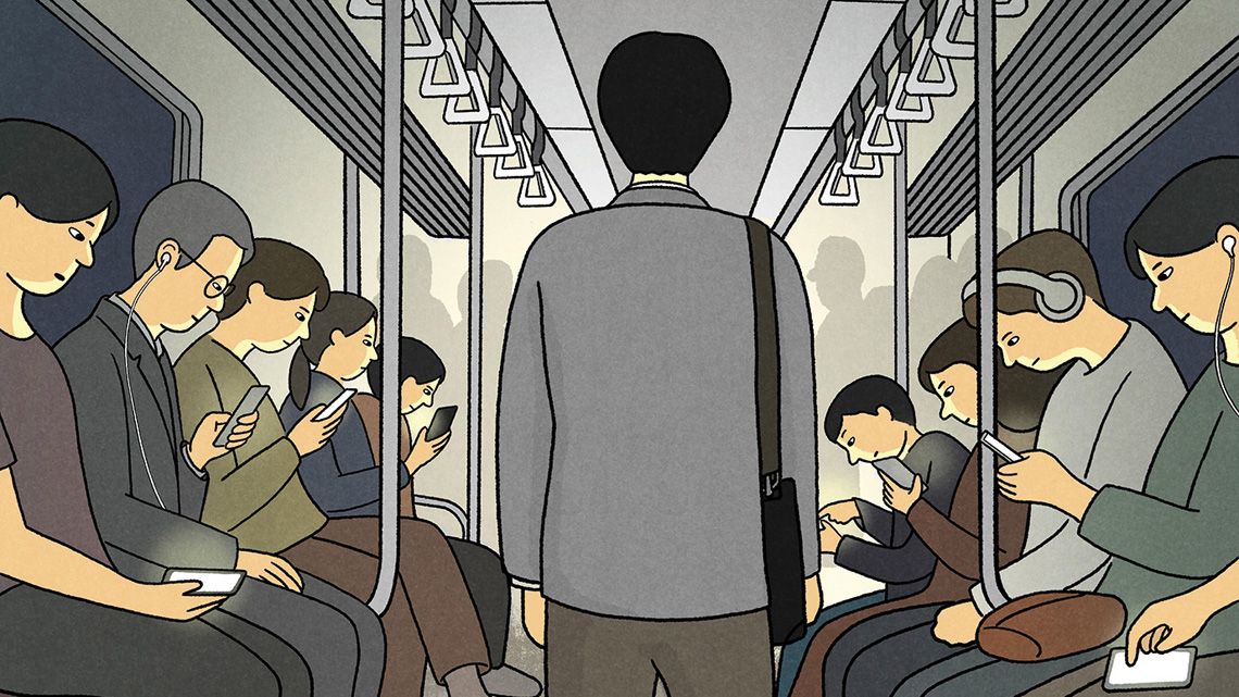 電車内でスマホを見る座った乗客と立ちすくむ男性のイラスト