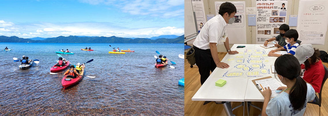 今年の夏に仙北市で開催された家族留学。親子でカヤック体験（左）、子どもたちが秋田の探究型授業を体験している間（右）、保護者たちは田沢湖のビール工場を見学