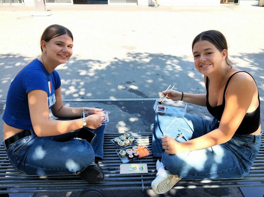 駅のベンチで寿司を楽しむ人たち。日本食が日常に浸透していた（筆者撮影）