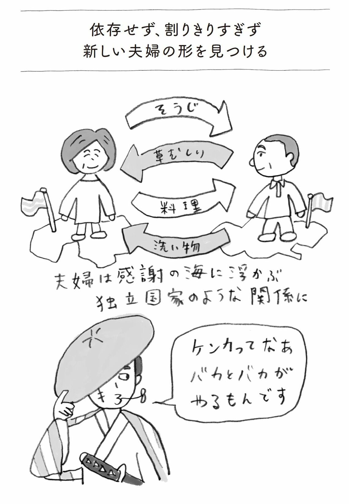 （出所：『60歳を過ぎたら面倒ごとの9割は手放す 我慢してばかりの人生から自由になる54の教え』より／イラスト：風間勇人）