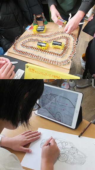 テーマもやり方も子どもたちに任せている。写真上は「理想のジェラシックパークを作る」、下は「イラスト」がテーマ