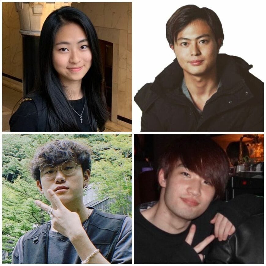今回レポートしてくれるメンバー。写真左上より、髙杉真由香（慶應義塾大学3年）、森慧太郎 （青山学院大学 地球社会共生学部 4年）、軽込敦也（早稲田大学社会科学部3年）、加藤耀（東京理科大学理工学部2年）