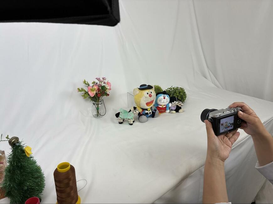 筆者が依頼したぬいぐるみの入院に向け、HP掲載用の写真を撮影する様子（画像：筆者撮影）