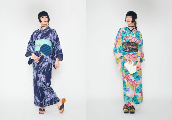 紺地に伝統的な花柄のかっこいい系浴衣。カラフルでモダンなかわいい系の浴衣