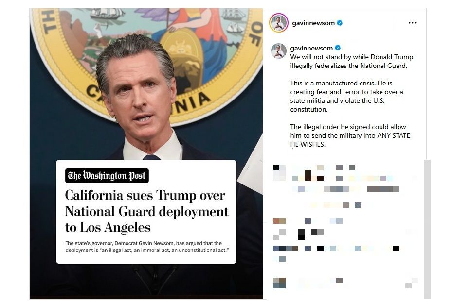 ニューサム州知事のインスタグラムより※一部加工しています