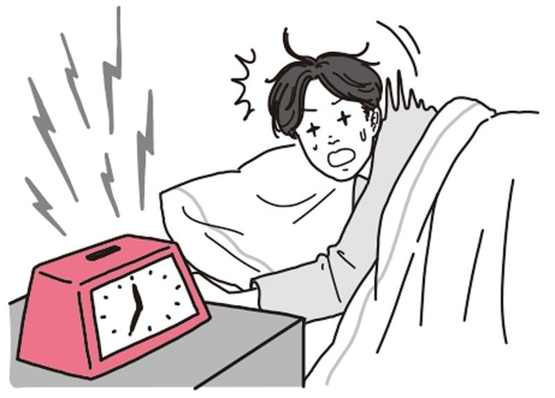 いきなり大音量の目覚まし時計で起きるのは、突然の大きな音で「交感神経」がいっきに緊張してしまい、心臓はバクバク、血圧もドンと急上昇してしまう。実は「心臓にとって最悪の起床法」（イラスト『「100年心臓」のつくり方』より）