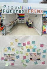 九州レインボープライドに2023年に出展した際のブース（上）、九州レインボープライドに2024年に出展した際、LGBTQ+の児童・生徒・学生に対しての包摂的な取り組みとしてすでに行われていることやこれからやってほしいことを来訪者に書いてもらった（下）（写真：Proud Futures提供）