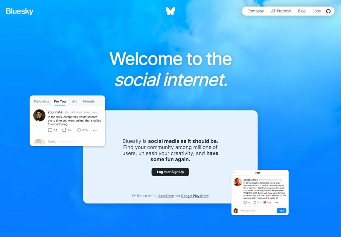 Blueskyの公式サイトには「ソーシャルインターネットにようこそ」と記されている（画像：Blueskyサイトより）