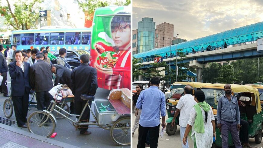 写真左は2004年の北京。地下鉄は整備途上でバスへの依存度が高かった。写真右は2024年のデリー。オート3輪は庶民の足として健在（記者撮影）