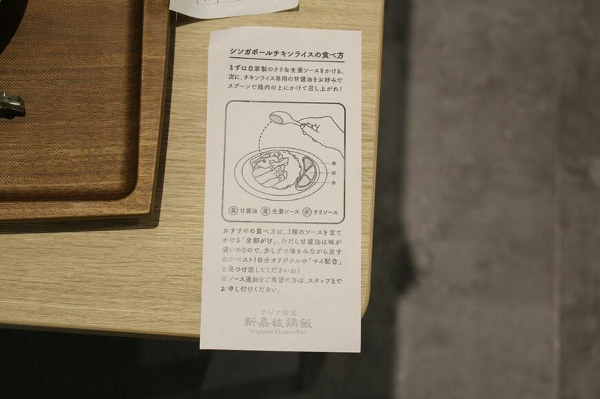 シンガポールチキンライスの食べ方（筆者撮影）