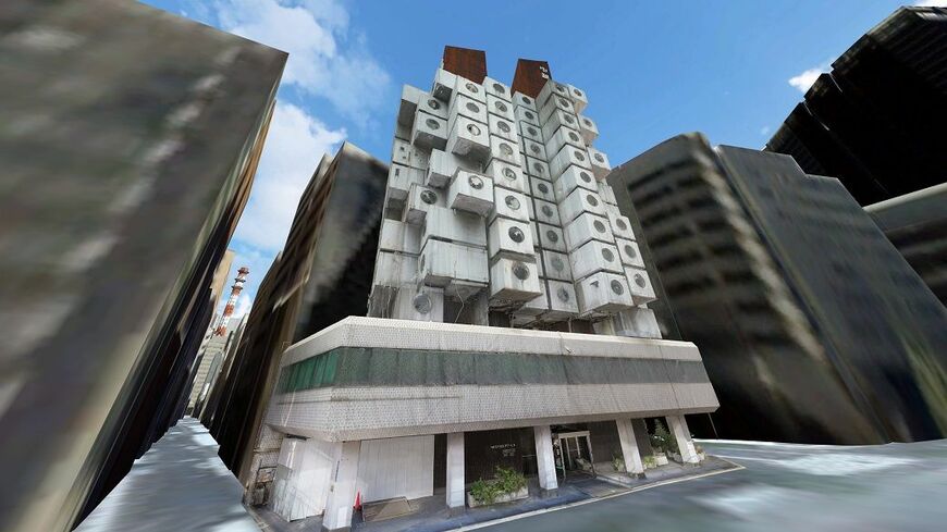 バーチャル空間内に再現された中銀カプセルタワービル（藤原龍さん制作）。ソーシャルVRサービスのVRChat/clusterから入ることができる（筆者撮影）
