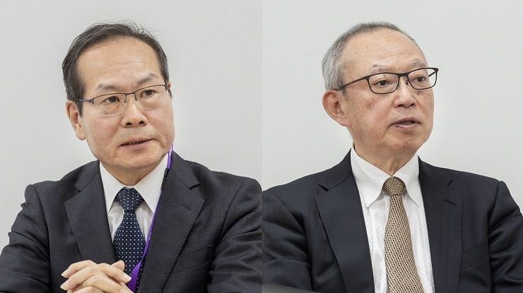 取材に応える東京女子医科大学の清水治理事長（左）と山中寿学長（右） （撮影:岩澤倫彦事務所）