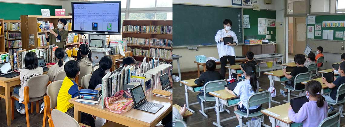 図書館授業（左）、教室に出張することも（右）